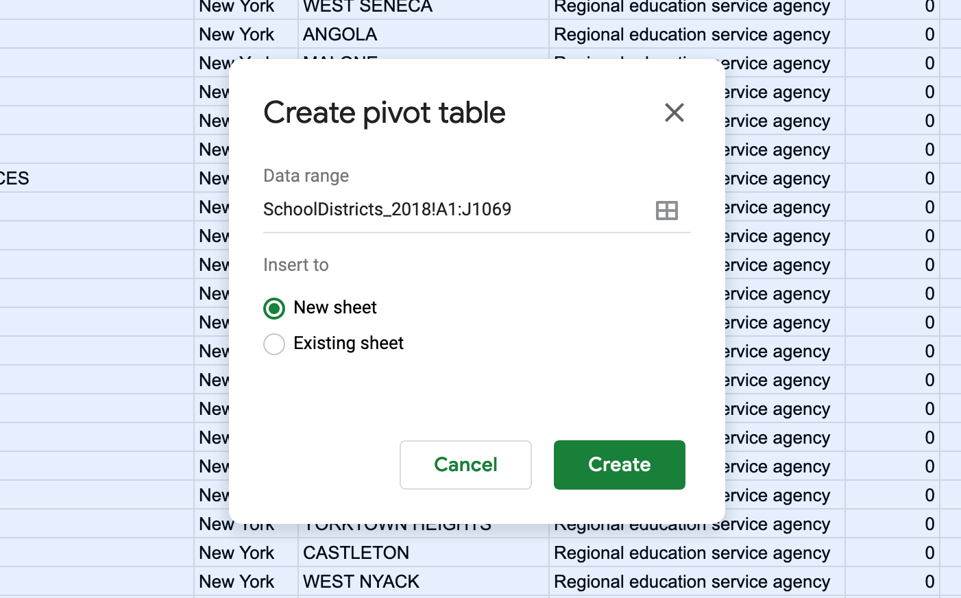 Create pivot table menu